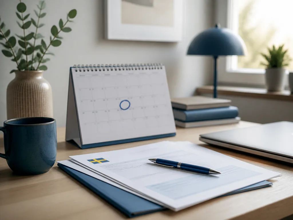 Kalender med ett inringat datum och en penna ovanpå deklarationsdokument på ett skrivbord