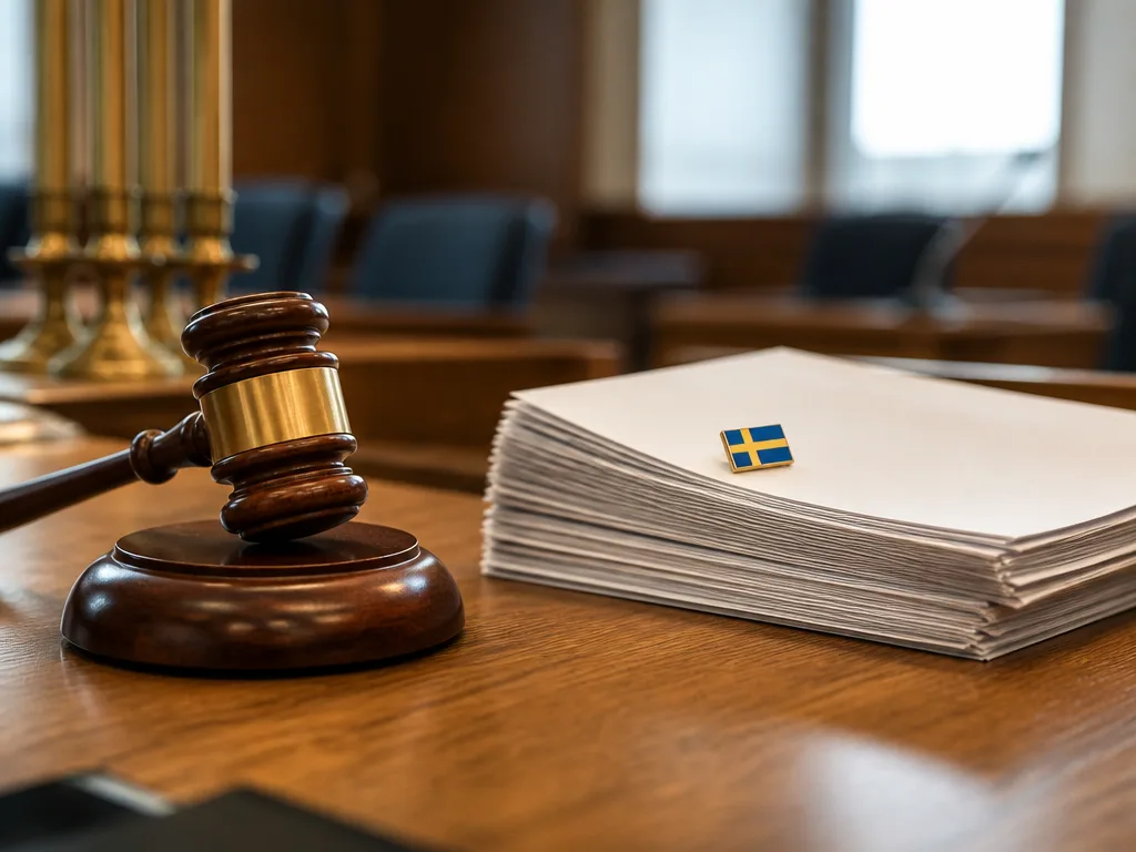 Klubba och officiella dokument med en svensk flagg på ett skrivbord, symbol för riksdagsdebatt om skattelagstiftning