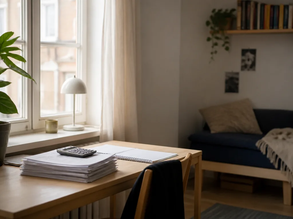 Skrivbord i ett studentrum med papper, kalkylator och dagsljus genom fönstret