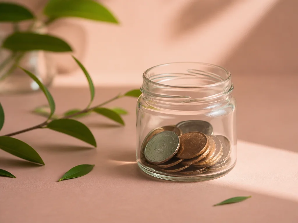 Glasburk med mynt på en laxrosa pappersskiva med mjukt naturligt ljus och gröna blad