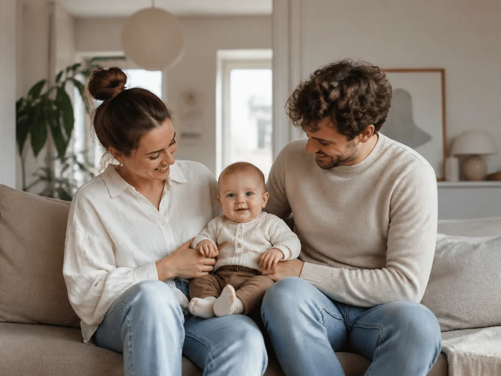 Två föräldrar sitter tillsammans i soffan med sin bebis mellan sig i ett mysigt vardagsrum