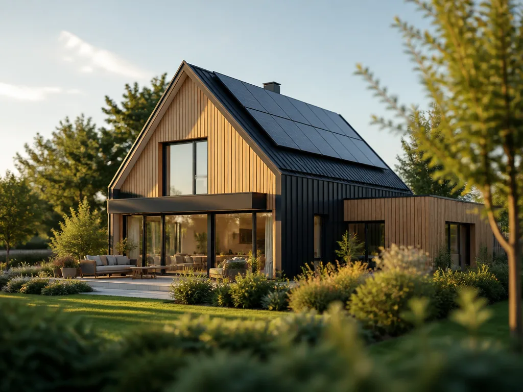 Modernt energieffektivt hus med solpaneler på taket i kvällsljus