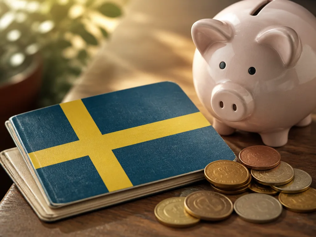 Sparbössa och mynt bredvid en bankbok på ett träbord, symbol för ränta på sparkonto