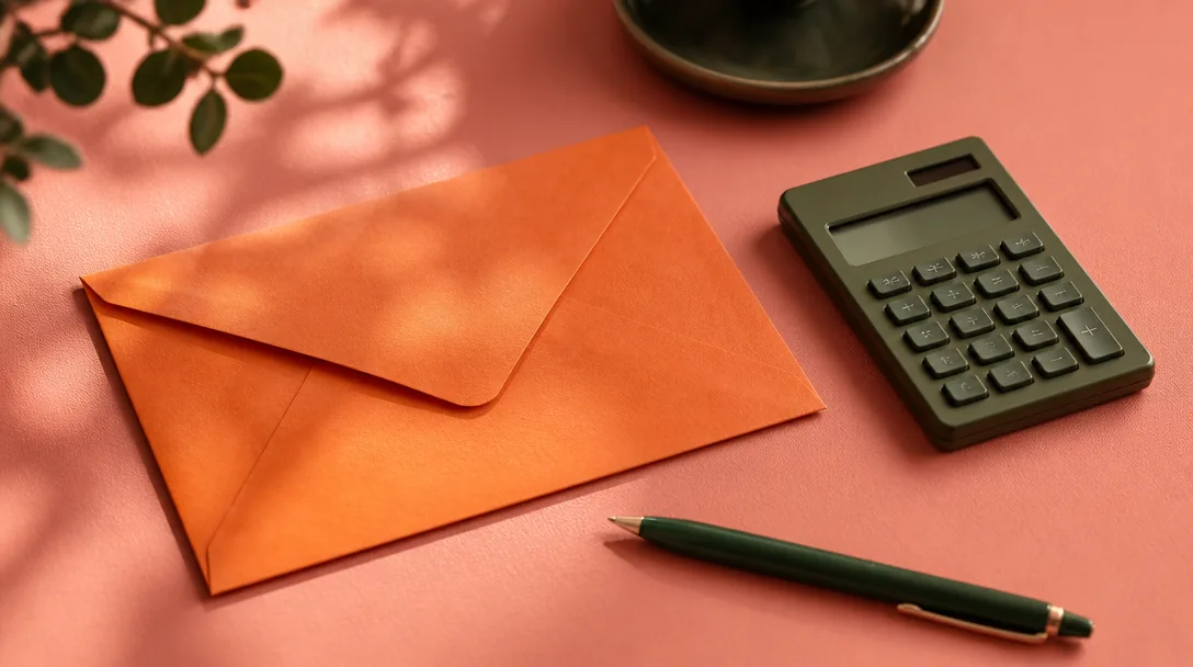 Ett orange kuvert bredvid en miniräknare och en penna på ett ljust pappersunderlag