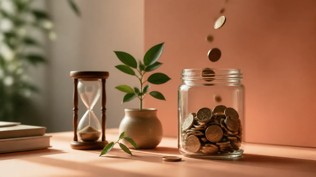 Glasburk med mynt och en liten grön planta på ett ljust pappersunderlag