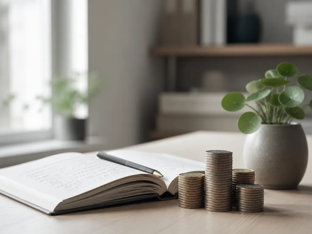 Mynt och anteckningsbok med finansiella beräkningar på ett träskrivbord i naturligt fönsterljus