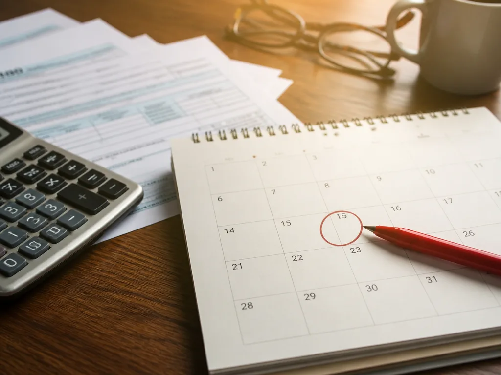 Kalender med ett datum inringat i rött bredvid deklarationspapper och en räknare på ett skrivbord