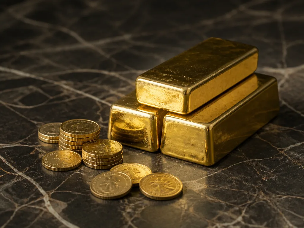 Guldtackor och guldmynt på mörk marmor – investera i guld