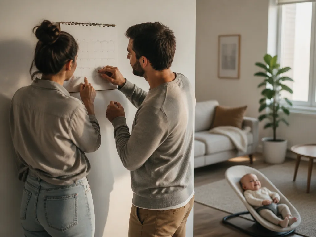 Två föräldrar tittar tillsammans på en väggkalender i vardagsrummet medan bebisen sitter i en babysitter bredvid