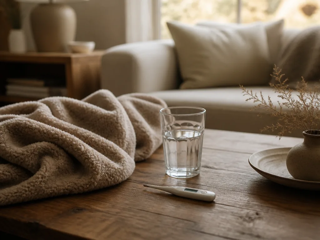 En mjuk filt, en termometer och ett glas vatten på ett soffbord i ett mysigt vardagsrum