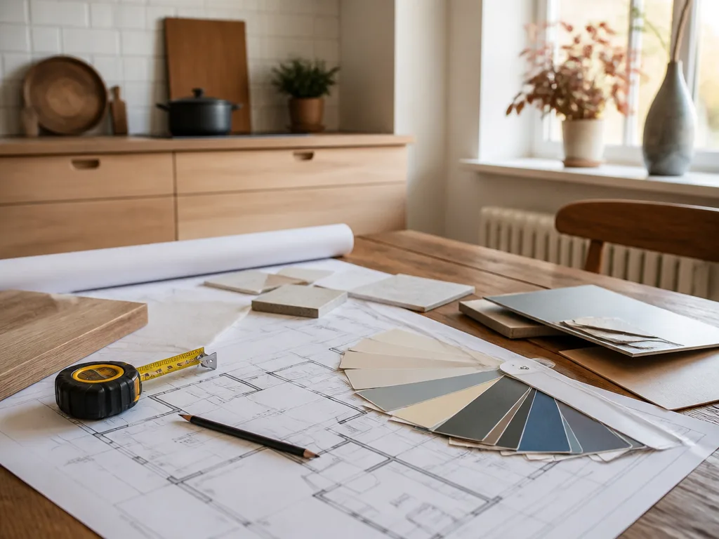 Ritningar och färgprover på ett köksbord vid planering av bostadsrenovering